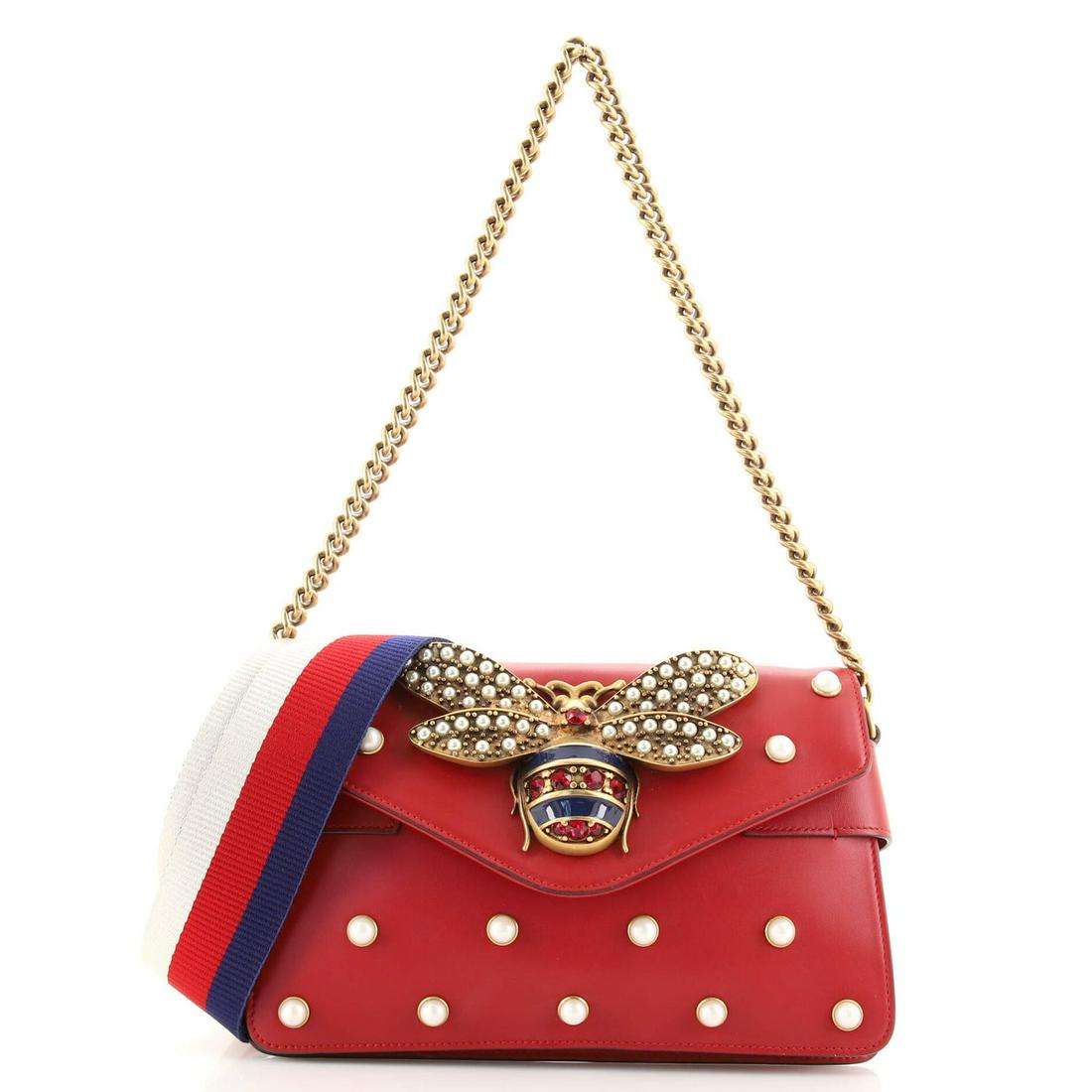 Gucci Broadway Pearly Bee Shoulder Bag Embellished Leather Mini: Gucci Broadway Pearly Bee Shoulder Bag Embellished Leather Mini Exterior Color: Red Interior Color: Neutral Exterior Material: Leather Interior Material: Leather Hardware Color: Aged Gold Accessor