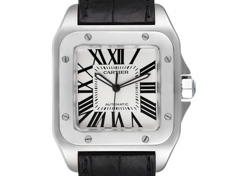 Cartier Santos 100 Silver Dial Black Strap Steel Mens Watch W20073X8: Cartier Santos 100 Silver Dial Black Strap Steel Mens Watch W20073X8 Cartier Santos 100 Silver Dial Black Strap Steel Mens Watch W20073X8. Automaticself-winding movement caliber 049. Stainless steel c