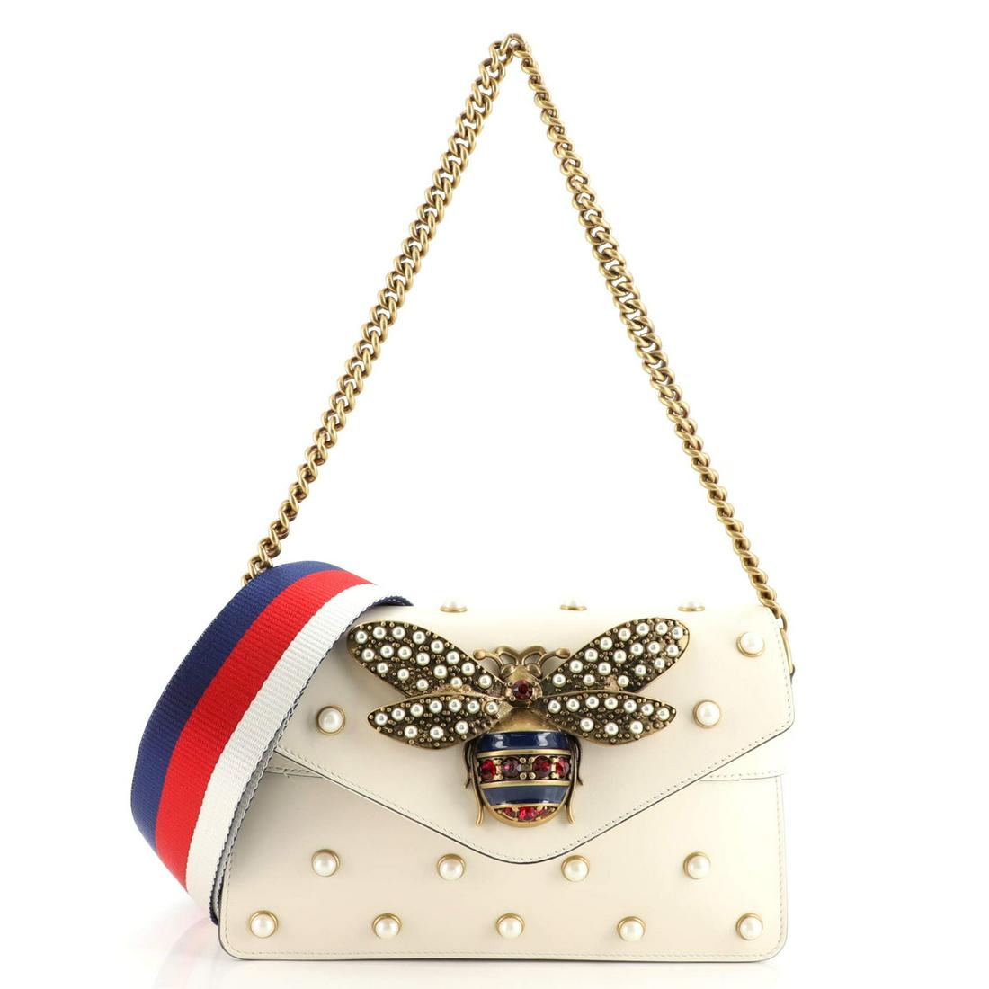 Gucci Broadway Pearly Bee Shoulder Bag Embellished Leather Mini: Gucci Broadway Pearly Bee Shoulder Bag Embellished Leather Mini Exterior Color: Neutral Interior Color: Brown Exterior Material: Leather Interior Material: Leather Hardware Color: Aged Gold Access