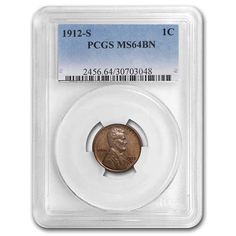 1912-S Lincoln Cent MS-64 PCGS (Brown): 1912-S Lincoln Cent MS-64 PCGS (Brown) RBJ No: 256207 Year: 1912 Grade: MS-64 Grade Service: PCGS Denomination: 1 Cent Mint Mark: S - San Francisco Metal Content: 0 troy oz Purit