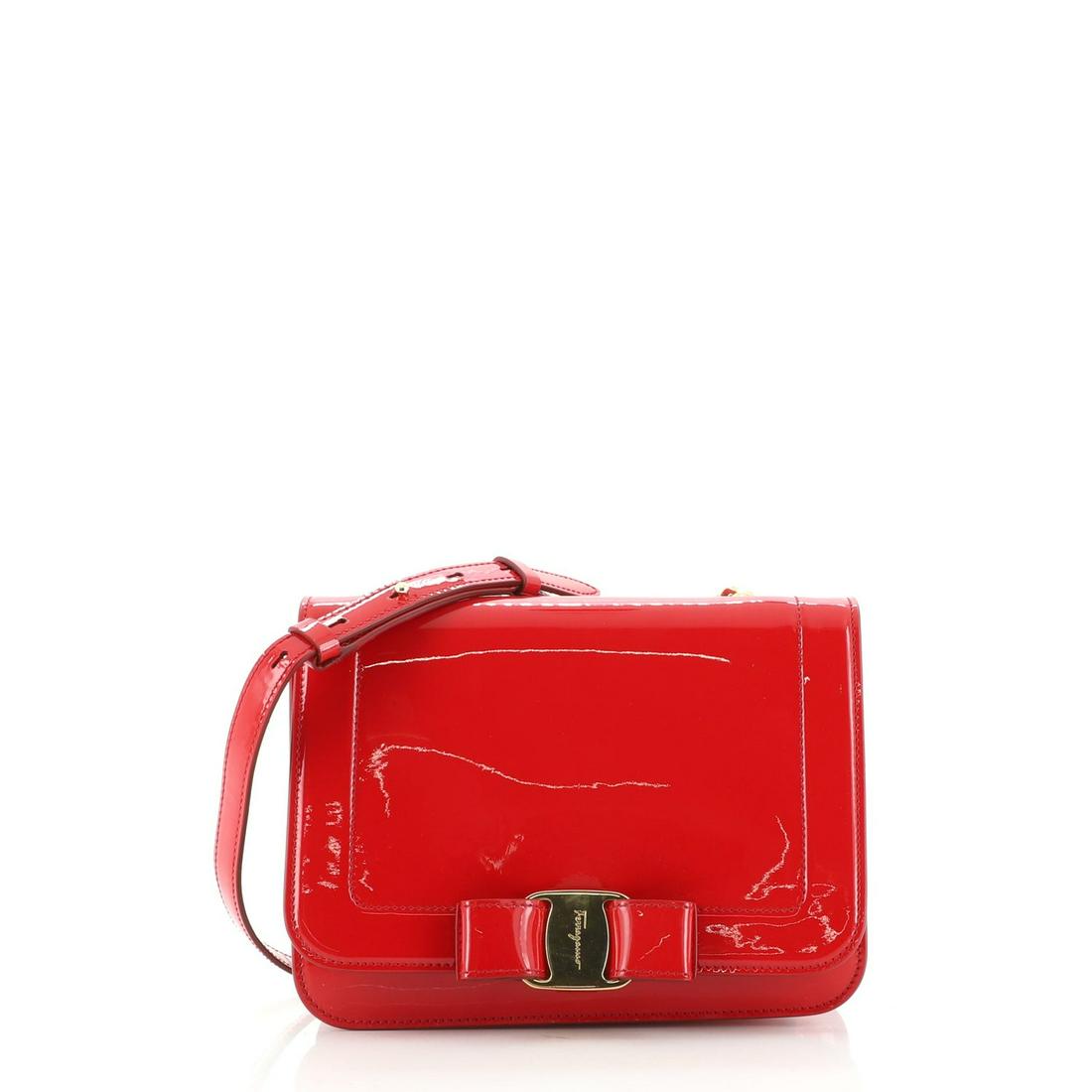 Salvatore Ferragamo Vara Bow Crossbody Bag Patent Small: Salvatore Ferragamo Vara Bow Crossbody Bag Patent Small Exterior Color: Red Interior Color: Pink Exterior Material: Patent Leather Interior Material: Leather Hardware Color: Gold Accessories: Dust