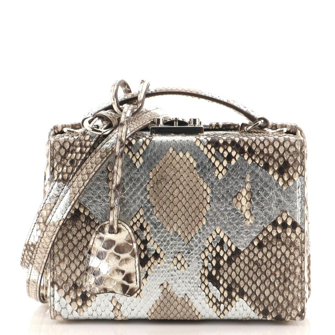 Mark Cross Grace Box Bag Python Small: Mark Cross Grace Box Bag Python Small Exterior Color: Neutral, Silver Interior Color: Red Exterior Material: Exotic, Python Interior Material: Leather Hardware Color: Silver Accessories: Clochette
