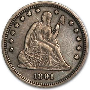 1891 Liberty Seated Quarter XF: 1891 Liberty Seated Quarter XF RBJ No: 43906 Year: 1891 Grade: Extra Fine Grade Service: None Denomination: 25 Cents Mint Mark: P - Philadelphia (Not Shown) Metal Content: 0.1788 troy oz