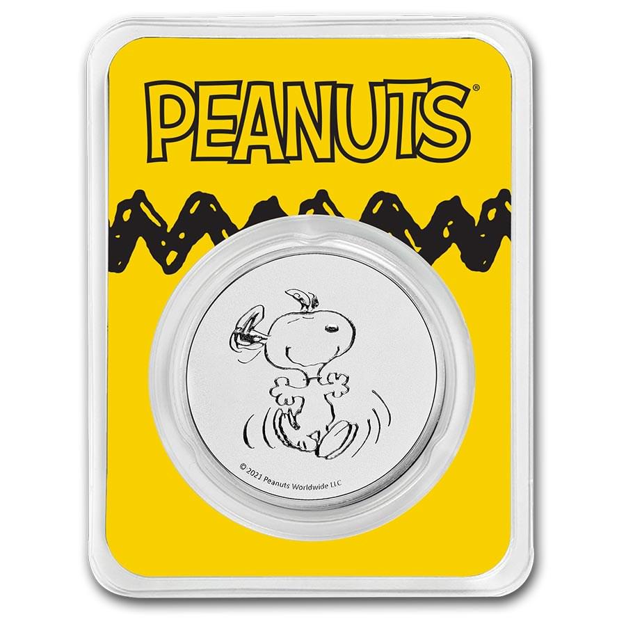 Peanuts Snoopy 1 oz Silver Round in TEP: Peanuts Snoopy 1 oz Silver Round in TEP SKU: RBJ232310 Year: N/A Grade: None Grade Service: None Mint Mark: N/A - Not Available Metal Content: 1 troy oz Purity: .999 Diameter: 39