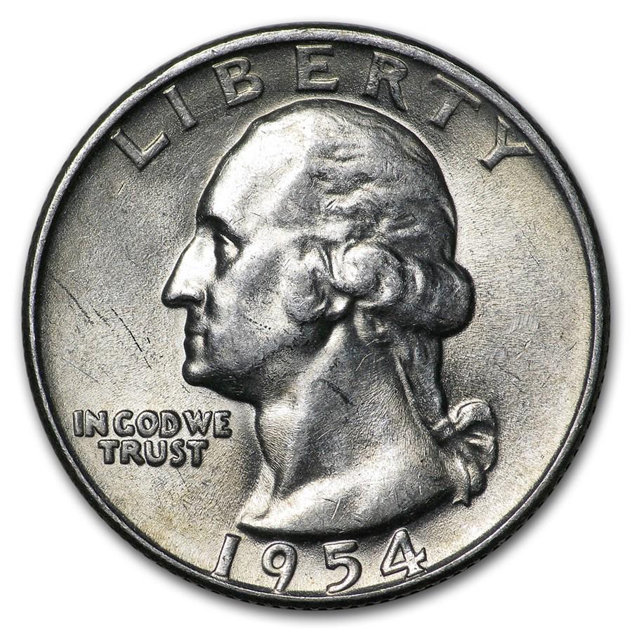 1954-D Washington Quarter AU: 1954-D Washington Quarter AU SKU: RBJ19026 Year: 1954 Grade: Almost Unc Grade Service: None Denomination: 25 Cents Mint Mark: D - Denver Metal Content: 0.1788 troy oz Purity: .90