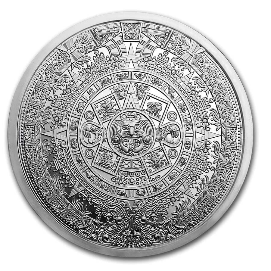 5 oz Silver Round - Aztec Calendar: 5 oz Silver Round - Aztec Calendar RBJ No: 189845 Year: N/A Grade: None Grade Service: None Denomination: 5 oz Mint Mark: N/A - Not Available Metal Content: 5 troy oz Purity: .99