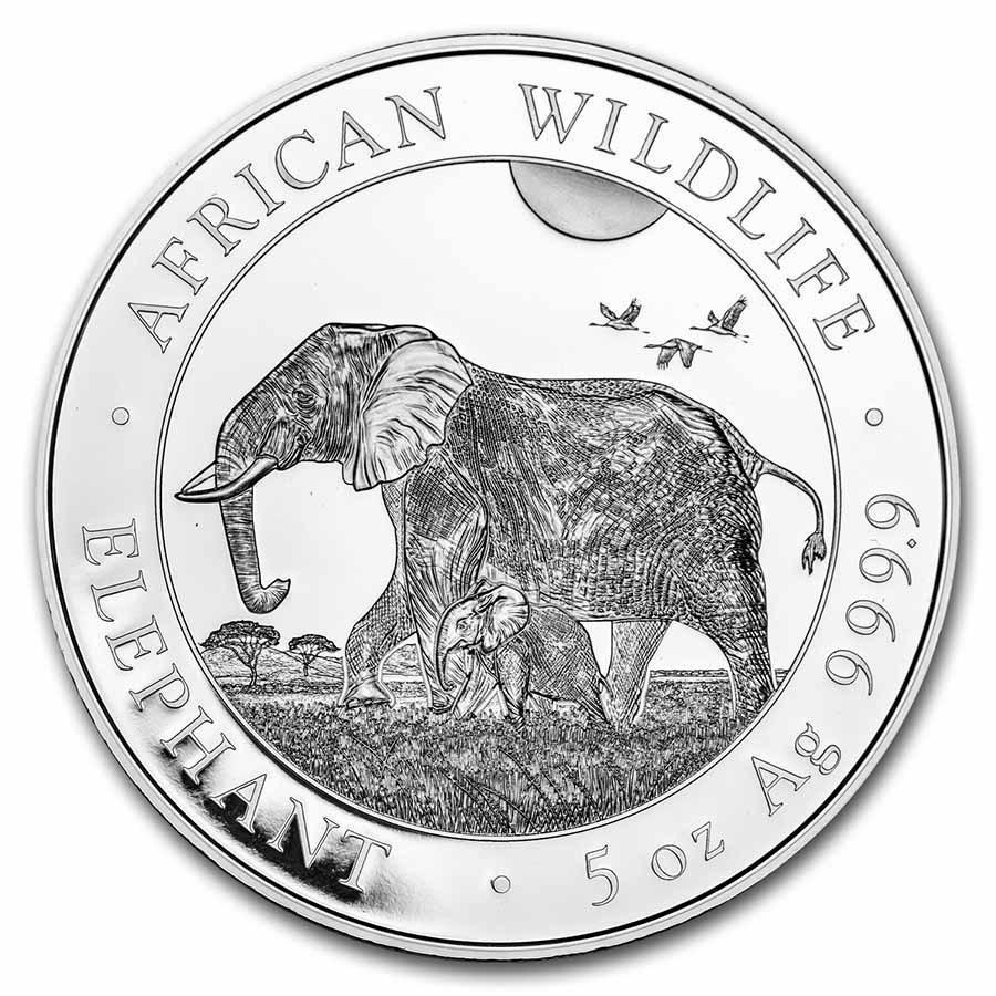 2022 Somalia 5 oz Silver Elephant BU: 2022 Somalia 5 oz Silver Elephant BU RBJ No: 245029 Year: 2022 Grade: Brilliant Unc Grade Service: None Denomination: 500 Shillings Mint Mark: Not Shown Metal Content: 5 troy oz