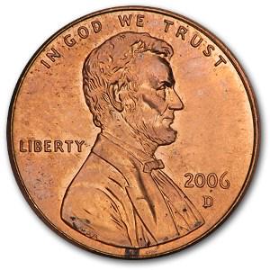 2006-D Lincoln Cent BU (Red): 2006-D Lincoln Cent BU (Red) SKU: RBJ9881 Year: 2006 Grade: Brilliant Unc Grade Service: None Denomination: $0.01 Mint Mark: D - Denver Metal Content: 0 troy oz Purity: N/A <
