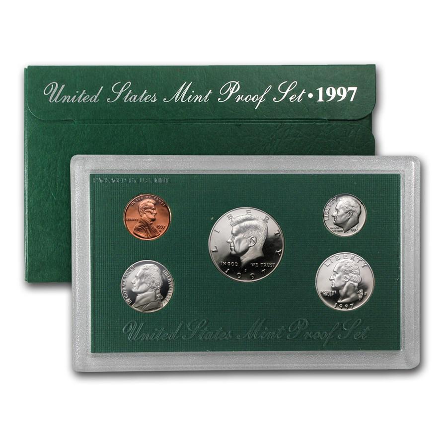 1997-S U.S. Proof Set: 1997-S U.S. Proof Set SKU: RBJ1182 Year: 1997 Grade: Proof Grade Service: None Denomination: Varies Mint Mark: S - San Francisco Metal Content: 0 troy oz Purity: Other T