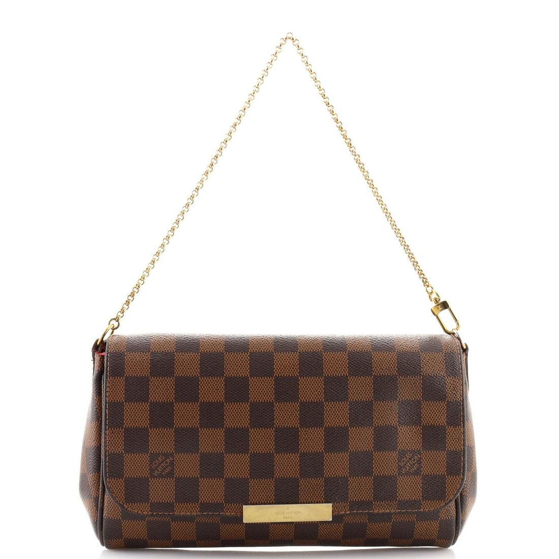 Louis Vuitton Favorite Handbag Damier MM: Louis Vuitton Favorite Handbag Damier MM RBJ no: HB.LV.FA.DR.MM Item No: 144127/1 Brand Code: SD1135 SIZE AND FIT: 9.5"W x 6.5"H x 1.5"D, 7.5" handle drop Exterior Color: Brown Interior Color: Red