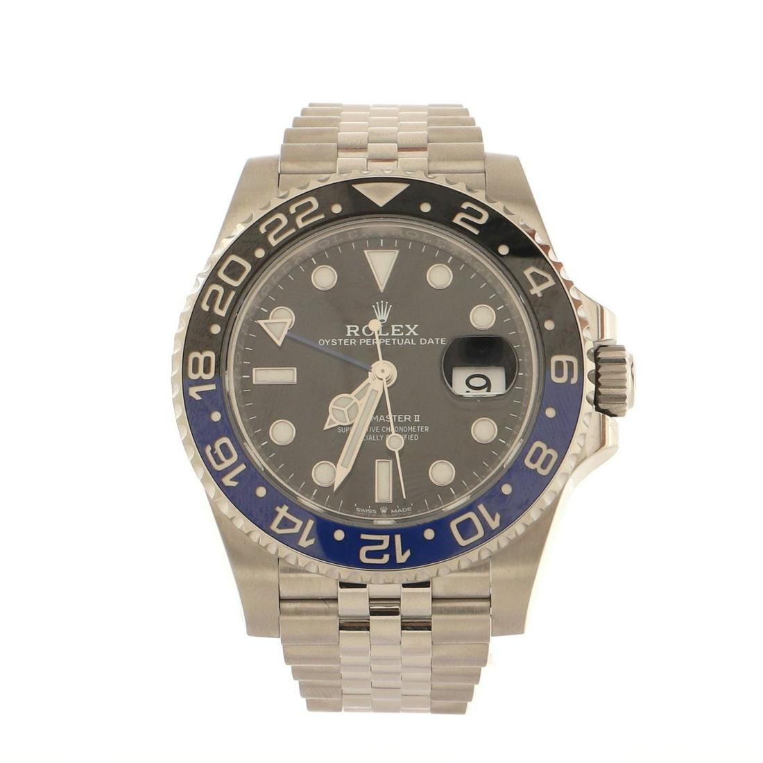 Rolex Oyster Perpetual Date GMT-Master II Batman Automatic Watch Stainless Steel and Cerachrom 40: Rolex Oyster Perpetual Date GMT-Master II Batman Automatic Watch Stainless Steel and Cerachrom 40 Dial Color: Black Band Color: Silver Band Material: Stainless Steel Case Material: Stainless Steel Bez