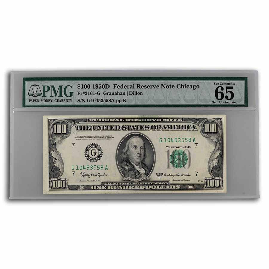 1950-D (G-Chicago) $100 FRN Gem CU-65 EPQ PMG (Fr#2161-G): 1950-D (G-Chicago) $100 FRN Gem CU-65 EPQ PMG (Fr#2161-G) SKU: RBJ246972 Year: 1950 Grade: (PMG) Gem Unc - 65 Grade Service: PMG Denomination: 100 Dollars Mint Mark: G - Chicago Metal Con