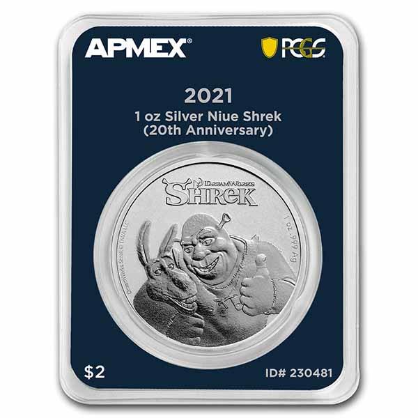 2021 Niue 1 oz Ag $2 Shrek 20th Anniv. (MD Premier + PCGS FS): 2021 Niue 1 oz Ag $2 Shrek 20th Anniv. (MD Premier + PCGS FS) SKU: RBJ230481 Year: 2021 Grade: Brilliant Unc Grade Service: MintDirect Denomination: 2 Dollars Mint Mark: Not Shown Metal C