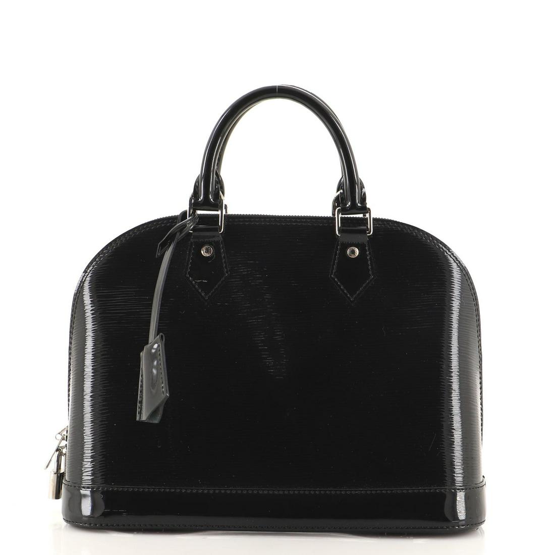 Louis Vuitton Alma Handbag Electric Epi Leather PM: Louis Vuitton Alma Handbag Electric Epi Leather PM RBJ no: HB.LV.AA.EELE.PM Item No: 118037/84 Brand Code: PL1102 SIZE AND FIT: 12"W x 9"H x 6"D, 3.5" handle drop Exterior Color: Black Interior Co