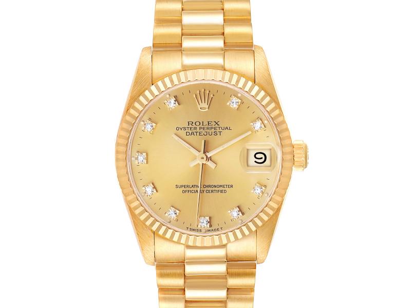 Rolex President 31 Datejust Midsize Yellow Gold Diamond Ladies Watch: Rolex President 31 Datejust Midsize Yellow Gold Diamond Ladies Watch Product Code: 45175-34CB0 Brand: Rolex Condition: Pre-Owned Rolex President 31 Datejust Midsize Yellow Gold Diamond Ladies Watch .O