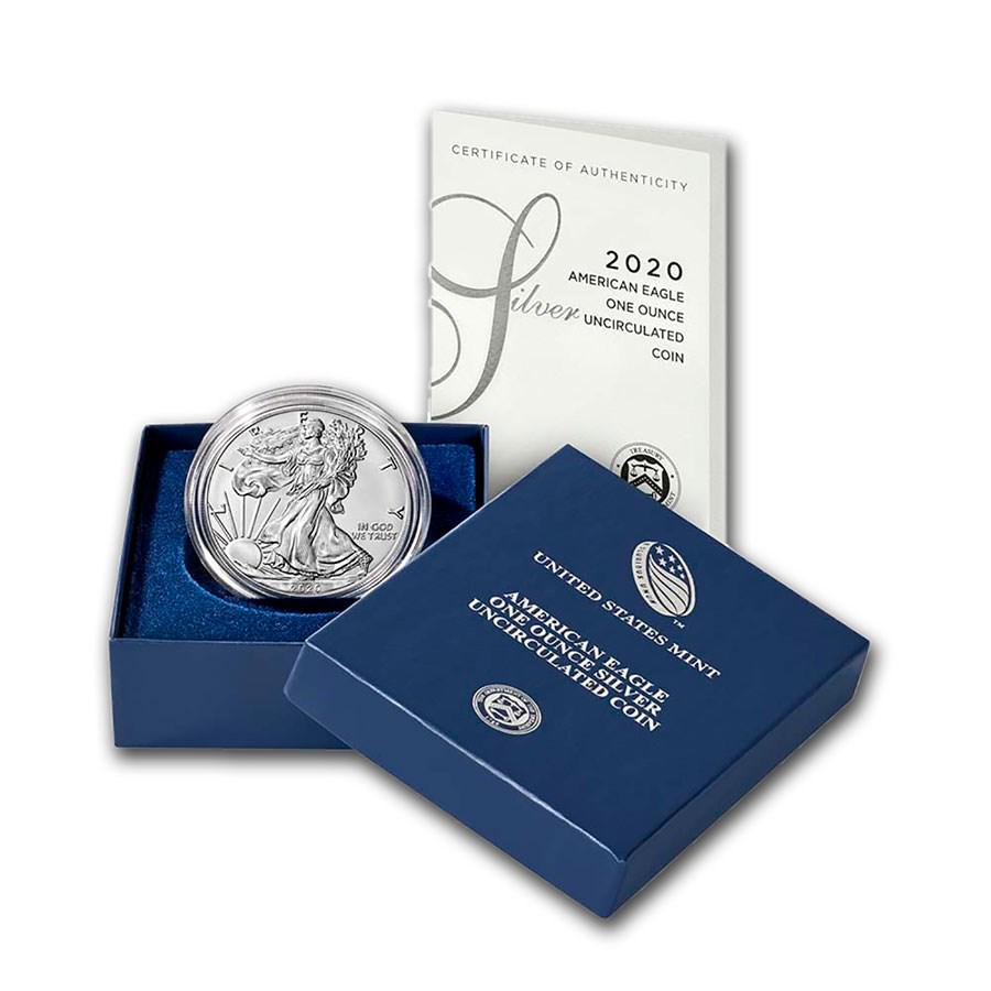 2020-W Burnished American Silver Eagle (w/Box & COA): 2020-W Burnished American Silver Eagle (w/Box & COA) Product ID: RBJ215521 Year: 2020 Grade: Specimen - Unc Grade Service: None Denomination: $1.00 Mint Mark: W - West Point Metal Content