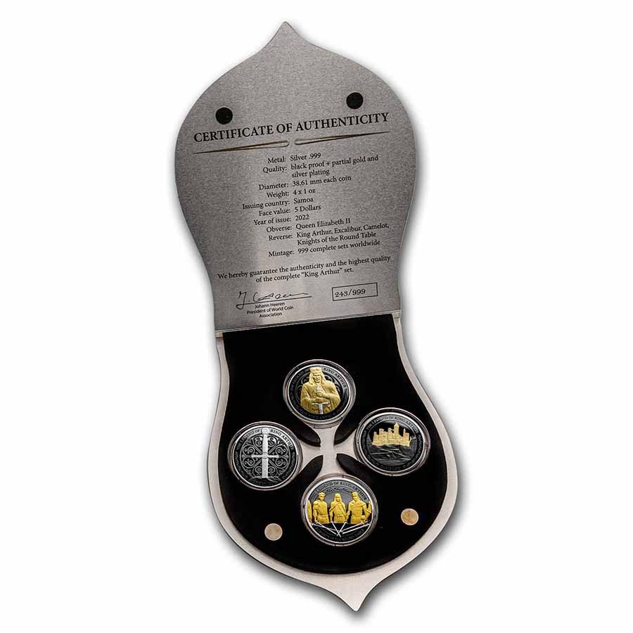 2022 Samoa Silver The Legend of King Arthur 4-Coin Set: 2022 Samoa Silver The Legend of King Arthur 4-Coin Set SKU: RBJ254742 Year: 2022 Grade: Proof Grade Service: None Denomination: 5 Dollars Mint Mark: Not Shown Metal Content: 4 troy oz