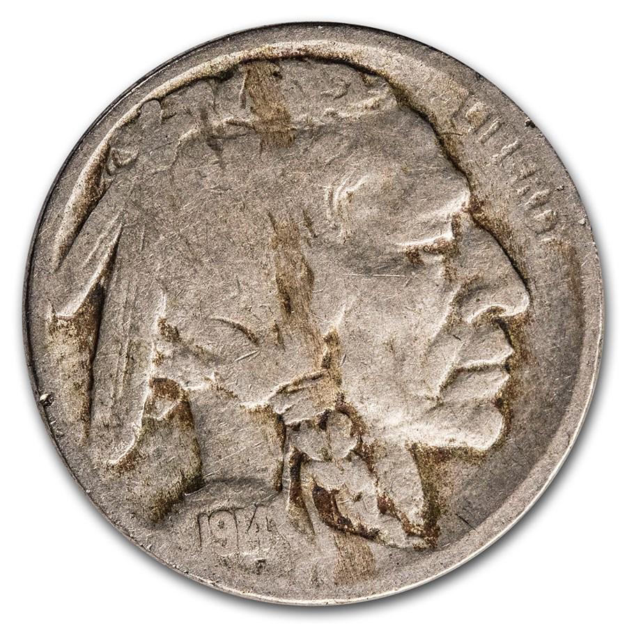 1914 Buffalo Nickel Good: 1914 Buffalo Nickel Good RBJ No: 9873 Year: 1914 Grade: Good Grade Service: None Denomination: $0.05 Mint Mark: P - Philadelphia (Not Shown) Metal Content: 0 troy oz Purity: N/A