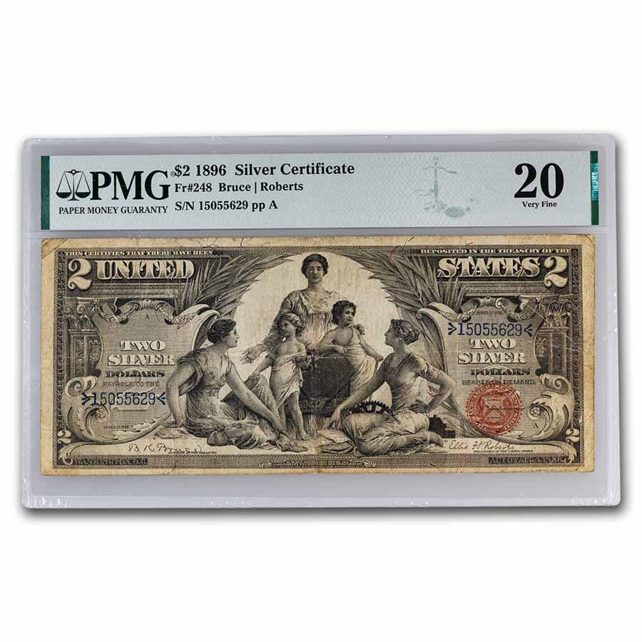 1896 $2.00 Silver Certificate Educational Note VF-20 PMG (Fr#248): 1896 $2.00 Silver Certificate Educational Note VF-20 PMG (Fr#248) Product ID: RBJ258745 Year: 1896 Grade: Very Fine - 20 Grade Service: PMG Denomination: 2 Dollars Mint Mark: N/A - Not Available <