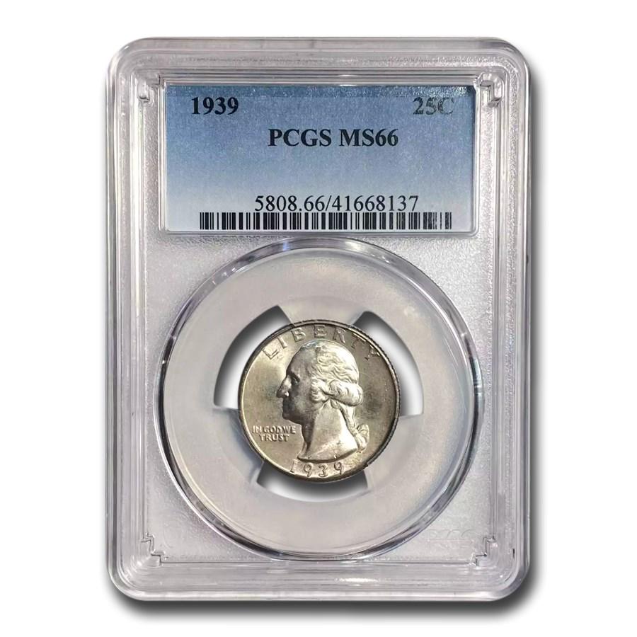 1939 Washington Quarter MS-66 PCGS: 1939 Washington Quarter MS-66 PCGS Product ID: RBJ179101 Year: 1939 Grade Service: PCGS Denomination: 25 Cents Metal Content: 0.1808 troy oz Purity: .900 Thickness: 1.75 mm Diame