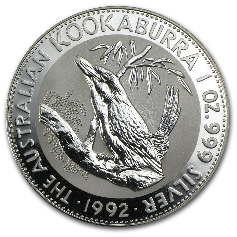 1992 Australia 1 oz Silver Kookaburra BU: 1992 Australia 1 oz Silver Kookaburra BU Product ID: RBJ10157 Year: 1992 Grade: Brilliant Unc Grade Service: None Denomination: $1.00 Dollar Mint Mark: Perth Mint (Not Shown) Metal Conten