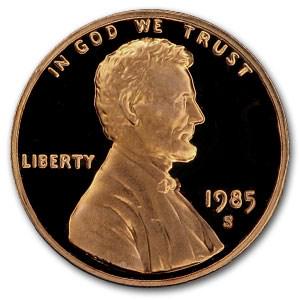 1985-S Lincoln Cent Gem Proof (Red): 1985-S Lincoln Cent Gem Proof (Red) Product ID: RBJ6860 Year: 1985 Grade: Gem Proof Grade Service: None Denomination: $0.01 Mint Mark: S - San Francisco Metal Content: 0 troy oz