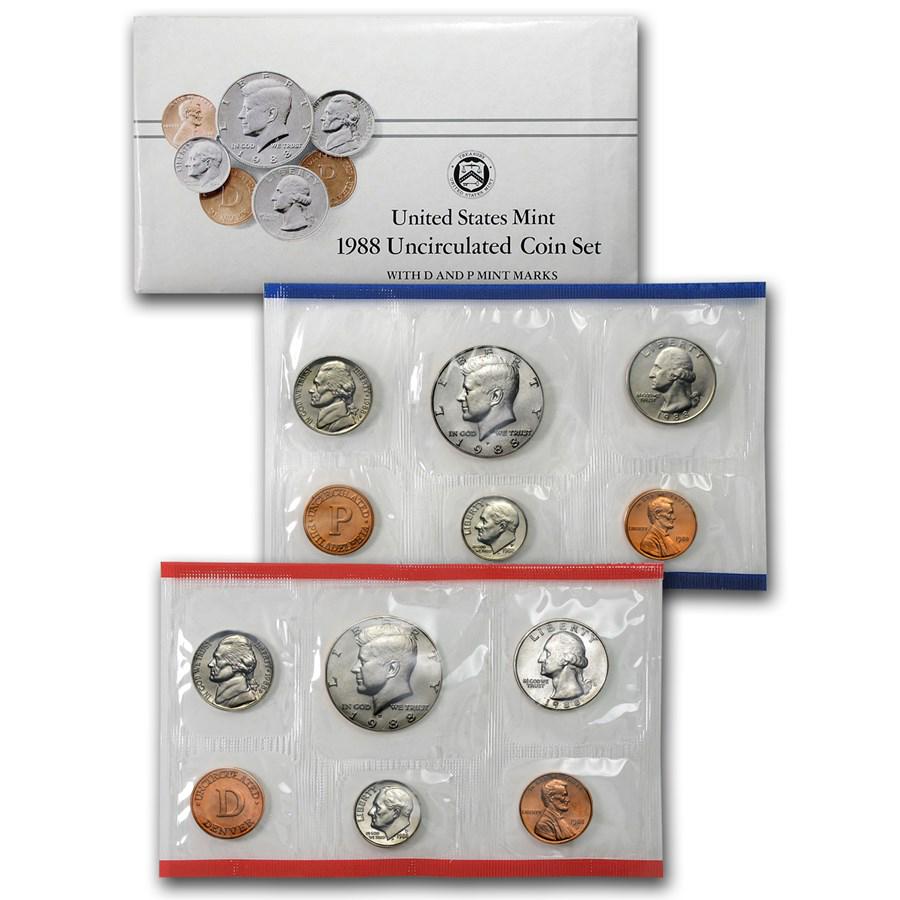 1988 U.S. Mint Set: 1988 U.S. Mint Set Product ID: RBJ1255 Year: 1988 Grade: Brilliant Unc Grade Service: None Mint Mark: Varies Metal Content: 0 troy oz Purity: Other Thickness: Varies mm