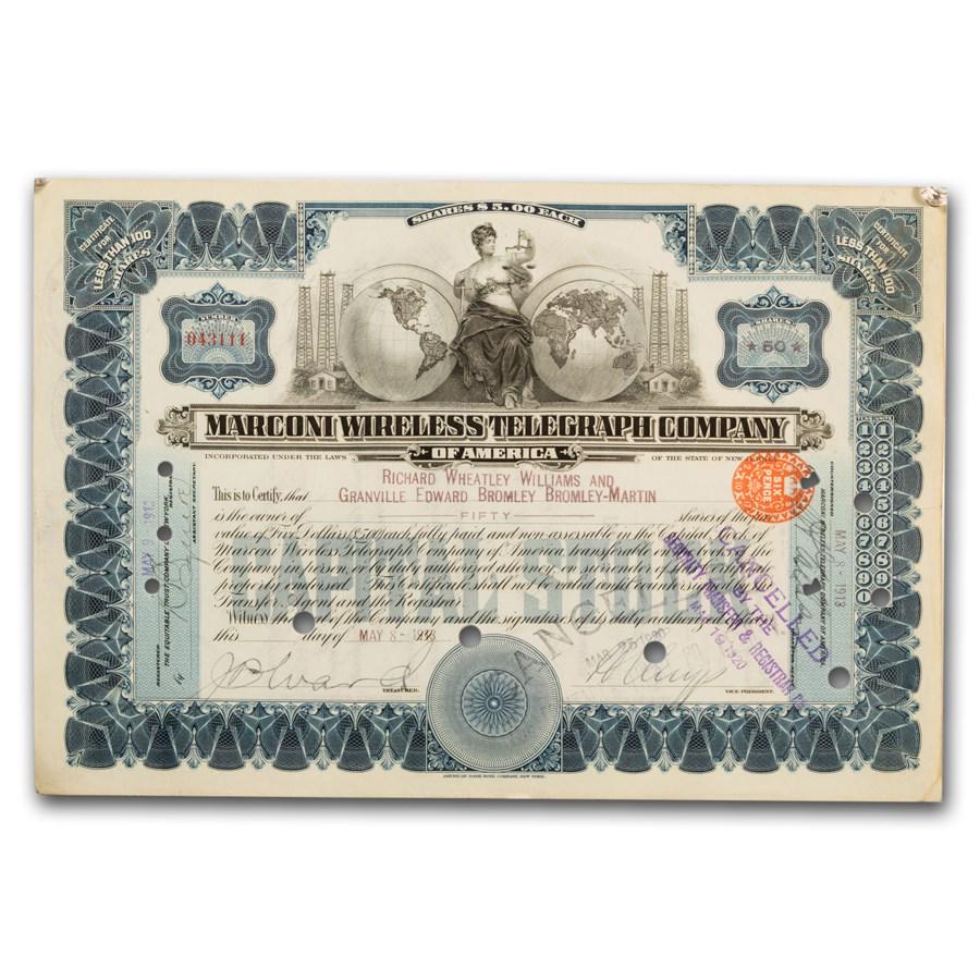 Marconi Wireless Telegraph Co Stock Certificate: Marconi Wireless Telegraph Co Stock Certificate Product ID: RBJ51840 Year: N/A Grade: None Grade Service: None Denomination: N/A Mint Mark: N/A - Not Available Metal Content: 0 troy oz