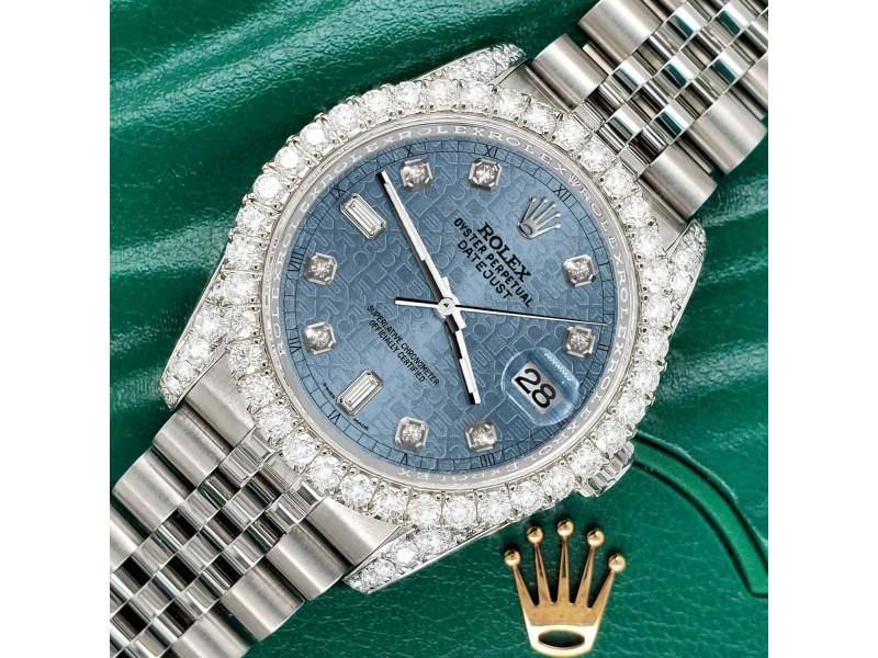 Rolex Datejust 116200 36mm 4CT Diamond Bezel/Lugs/Ice Blue Jubilee 6+9 Baguette: Rolex Datejust 116200 36mm 4CT Diamond Bezel/Lugs/Ice Blue Jubilee 6+9 Baguette Product Code: 255494773587-E Brand: Rolex Condition: Pre-Owned Model: Datejust Item Specifics: Band Material: Stain