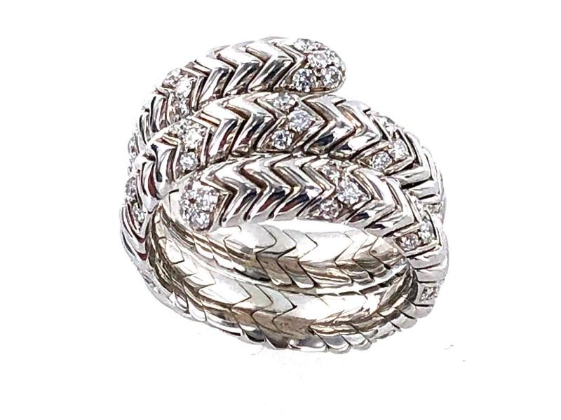 Bulgari Spiral Diamond 18k White Gold Ring: Bulgari Spiral Diamond 18k White Gold Ring Product Code: 192737273625-E Brand: Bulgari Condition: Never Worn Metal: White Gold Stone: Diamond Size and Fit: Flexible ring will fit ring sizes 6.5-7.