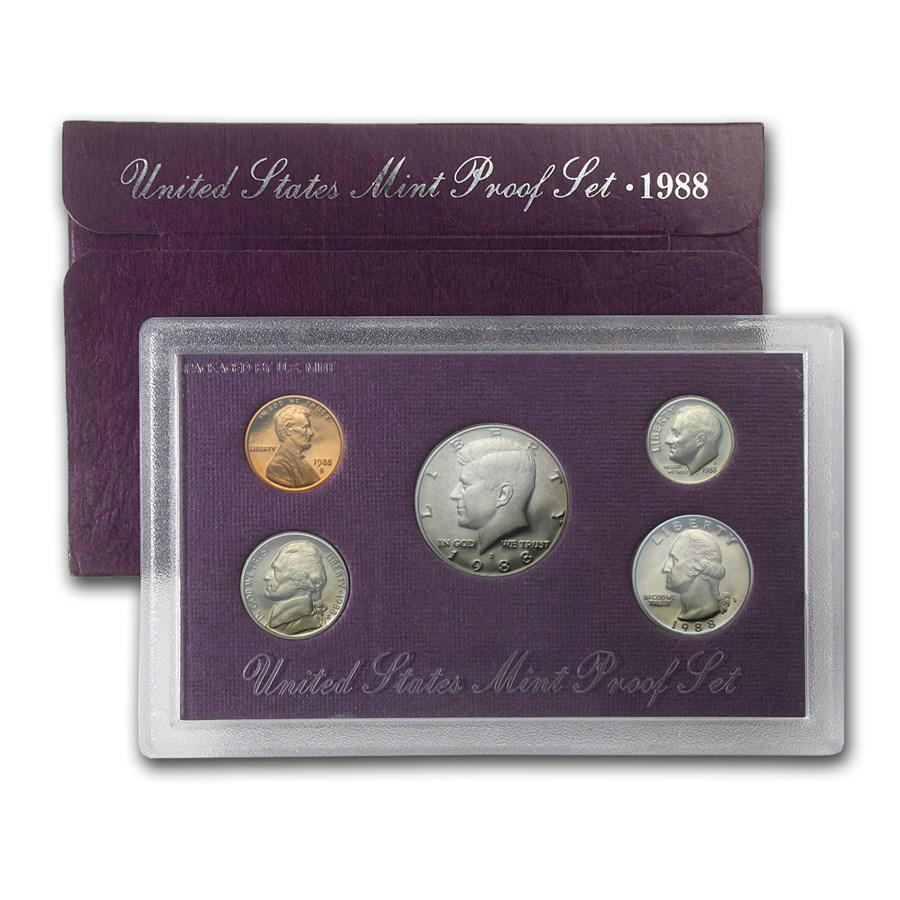 1988-S U.S. Proof Set: 1988-S U.S. Proof Set Product ID: RBJ1168 Year: 1988 Grade: Proof Grade Service: None Denomination: Varies Mint Mark: S - San Francisco Metal Content: 0 troy oz Purity: Other