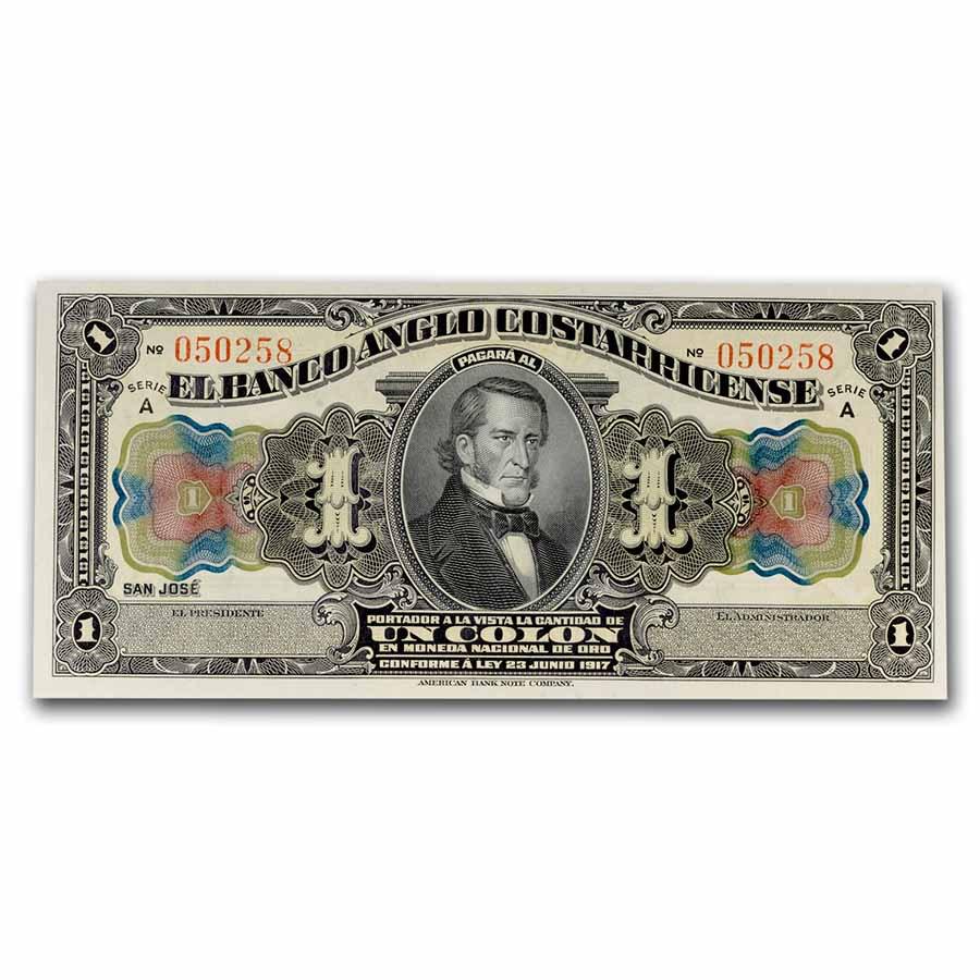 1917 Costa Rica 1 Colon CU: 1917 Costa Rica 1 Colon CU Product ID: RBJ244277 Year: 1917 Grade: (U) Crisp Unc Grade Service: None Denomination: 1 Colon Mint Mark: Not Shown Metal Content: 0 troy oz Purity: N