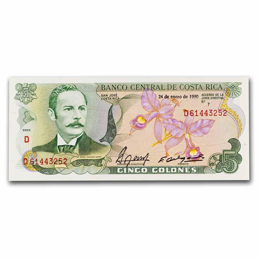 1968-1992 Costa Rica 5 Colones CU: 1968-1992 Costa Rica 5 Colones CU Product ID: RBJ244279 Year: Varies Grade: (U) Crisp Unc Grade Service: None Denomination: 5 Colones Mint Mark: Not Shown Metal Content: 0 troy oz