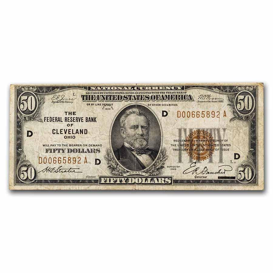 1929 (D-Cleveland) $50 Brown Seal FRBN Fine (Fr#1880-D): 1929 (D-Cleveland) $50 Brown Seal FRBN Fine (Fr#1880-D) Product ID: RBJ250184 Year: 1929 Grade: Fine Grade Service: None Denomination: 50 Dollars Mint Mark: D - Cleveland Metal Content: 0