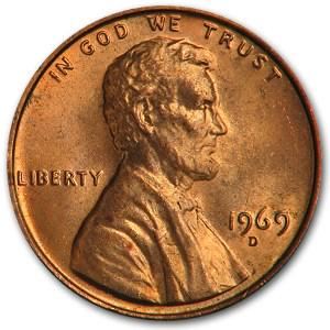 1969-D Lincoln Cent BU (Red): 1969-D Lincoln Cent BU (Red) Product ID: RBJ6751 Year: 1969 Grade: Brilliant Unc Grade Service: None Denomination: $0.01 Mint Mark: D - Denver Metal Content: 0 troy oz Purity: N/