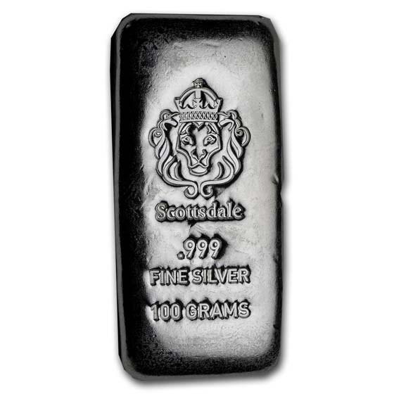 100 gram Silver Cast-Poured Bar - Scottsdale Mint: 100 gram Silver Cast-Poured Bar - Scottsdale Mint Product ID: RBJ191228 Year: N/A Grade: None Grade Service: None Denomination: 100 grams Mint Mark: N/A - Not Available Metal Content: 3.2