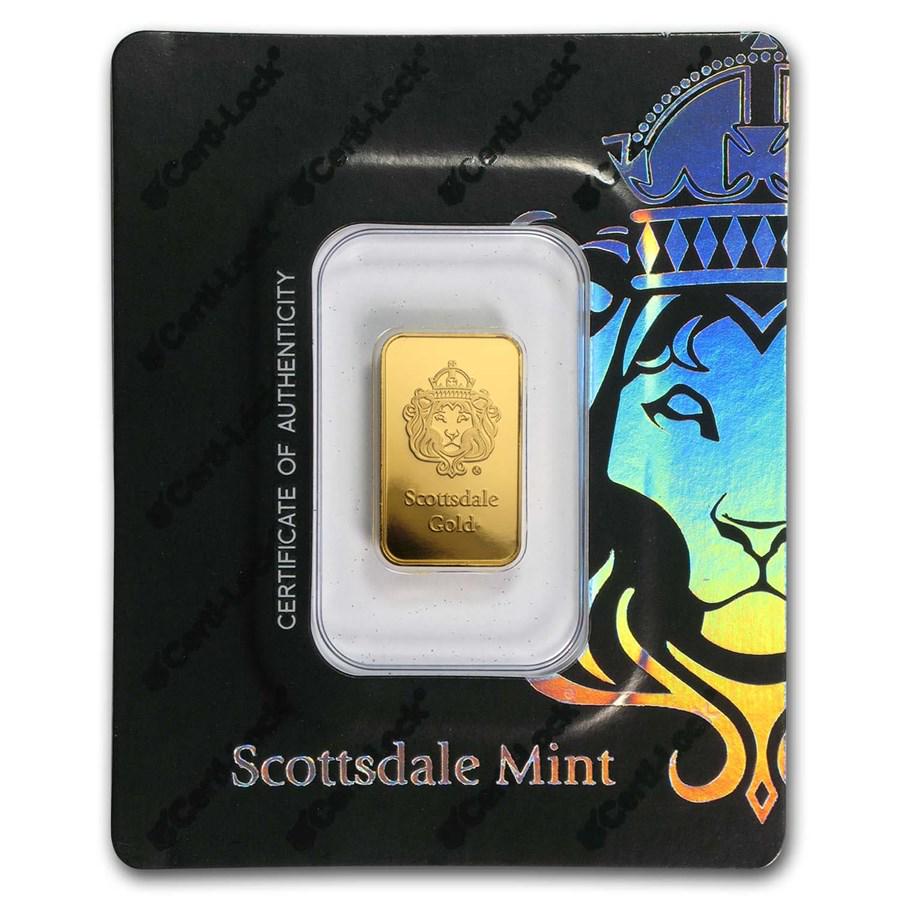 5 gram Gold Bar - Scottsdale Mint (In Certi-Lock Assay, Black): 5 gram Gold Bar - Scottsdale Mint (In Certi-Lock Assay, Black) Product ID: RBJ171694 Year: Random Grade: None Grade Service: Assay Card Denomination: 5 grams Metal Content: 0.1607 troy oz