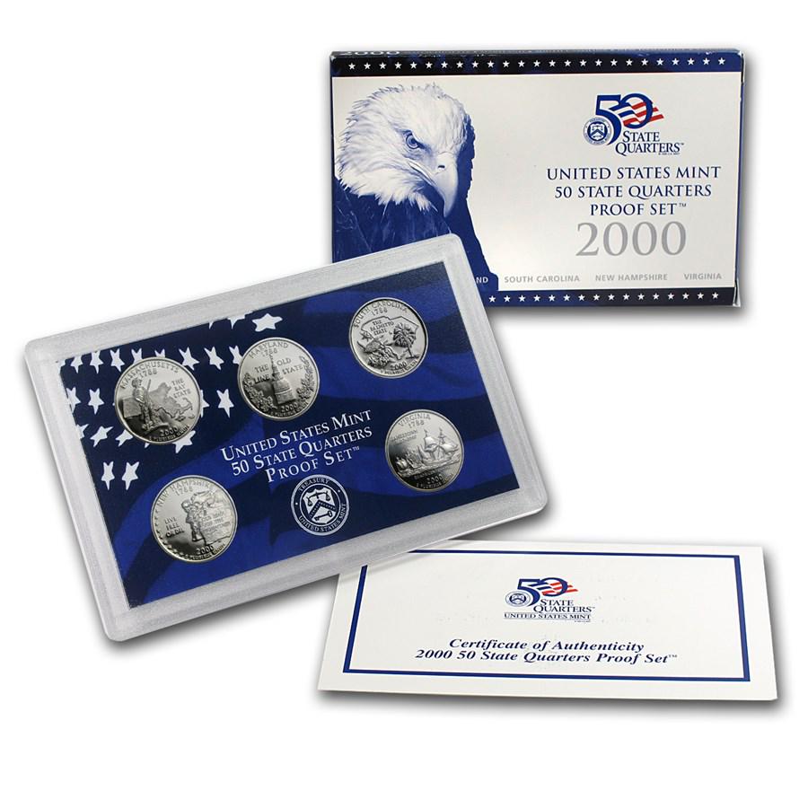2000-S 50 State Quarters Proof Set: 2000-S 50 State Quarters Proof Set Product ID: RBJ1198 Year: 2000 Grade: Proof Grade Service: None Denomination: 25 Cents Mint Mark: S - San Francisco Metal Content: 0 troy oz Pu
