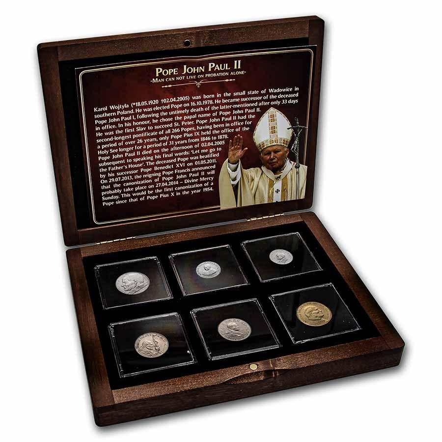 Vatican City Pope John Paul II 50-200 Lire 6-Coin Set BU: Vatican City Pope John Paul II 50-200 Lire 6-Coin Set BU Product ID: RBJ232685 Year: Random Grade: Brilliant Unc Grade Service: None Denomination: Varies Mint Mark: Not Shown Metal Conten