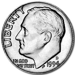 1994-D Roosevelt Dime BU: 1994-D Roosevelt Dime BU Product ID: RBJ6245 Year: 1994 Grade: Brilliant Unc Grade Service: None Denomination: 10 Cents Mint Mark: D - Denver Metal Content: 0 troy oz Purity: N/A