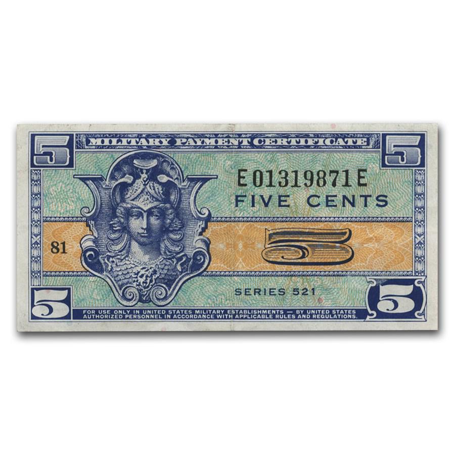 MPC Series 521 5 Cents AU: MPC Series 521 5 Cents AU Product ID: RBJ37947 Year: Random Grade: Almost Unc Grade Service: None Denomination: 5 Cents Mint Mark: N/A - Not Available Metal Content: 0 troy oz Pu