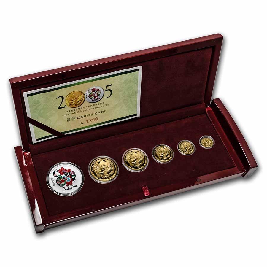 2005 China 6-Coin Gold Panda and Lunar Premium Rooster Set BU: 2005 China 6-Coin Gold Panda and Lunar Premium Rooster Set BU Product ID: RBJ61312 Year: 2005 Grade: Brilliant Unc Grade Service: None Denomination: Varies Mint Mark: Not Shown Metal Cont