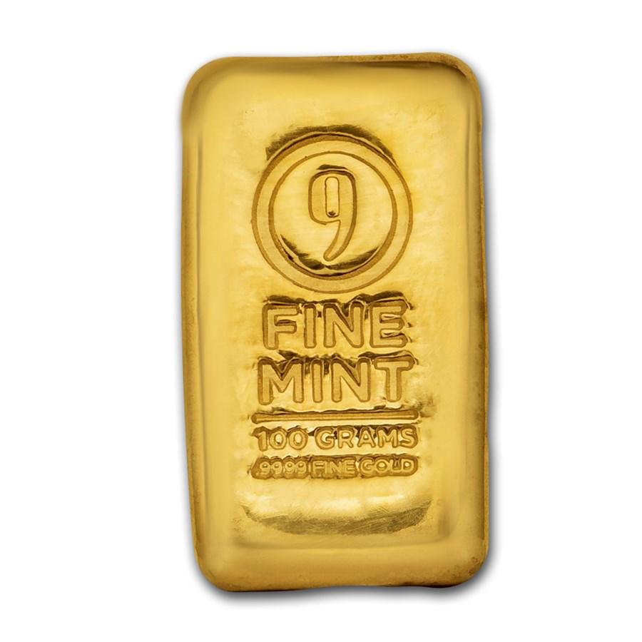 100 gram Cast-Poured Gold Bar - 9Fine Mint: 100 gram Cast-Poured Gold Bar - 9Fine Mint Product ID: RBJ211316 Year: N/A Grade: None Grade Service: None Denomination: Kilo Mint Mark: N/A - Not Available Metal Content: 3.215 troy oz <