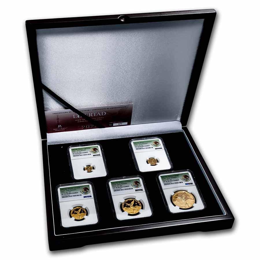 2021 Mexico 5-Coin Gold Libertad Set PF-70 NGC (Green Label): 2021 Mexico 5-Coin Gold Libertad Set PF-70 NGC (Green Label) Product ID: RBJ245014 Year: 2021 Grade: Proof - 70 Grade Service: NGC Mint Mark: Mo - Mexico City Metal Content: 1.9 troy oz P