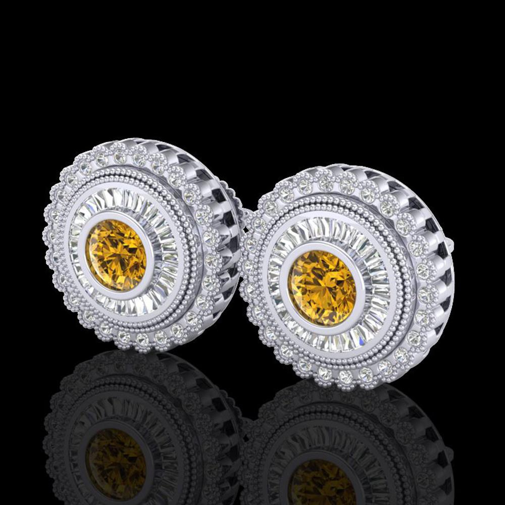 2.61 ctw Intense Fancy Yellow Diamond Art Deco Earrings 18k White Gold: 2.61 ctw Intense Fancy Yellow Diamond Art Deco Earrings 18k White Gold Item: Diamond Stud Total Gem weight: 2.61 carats Metal: Solid 18k White Gold Gold Product Weight: Approx. 8.4 grams Jewelry