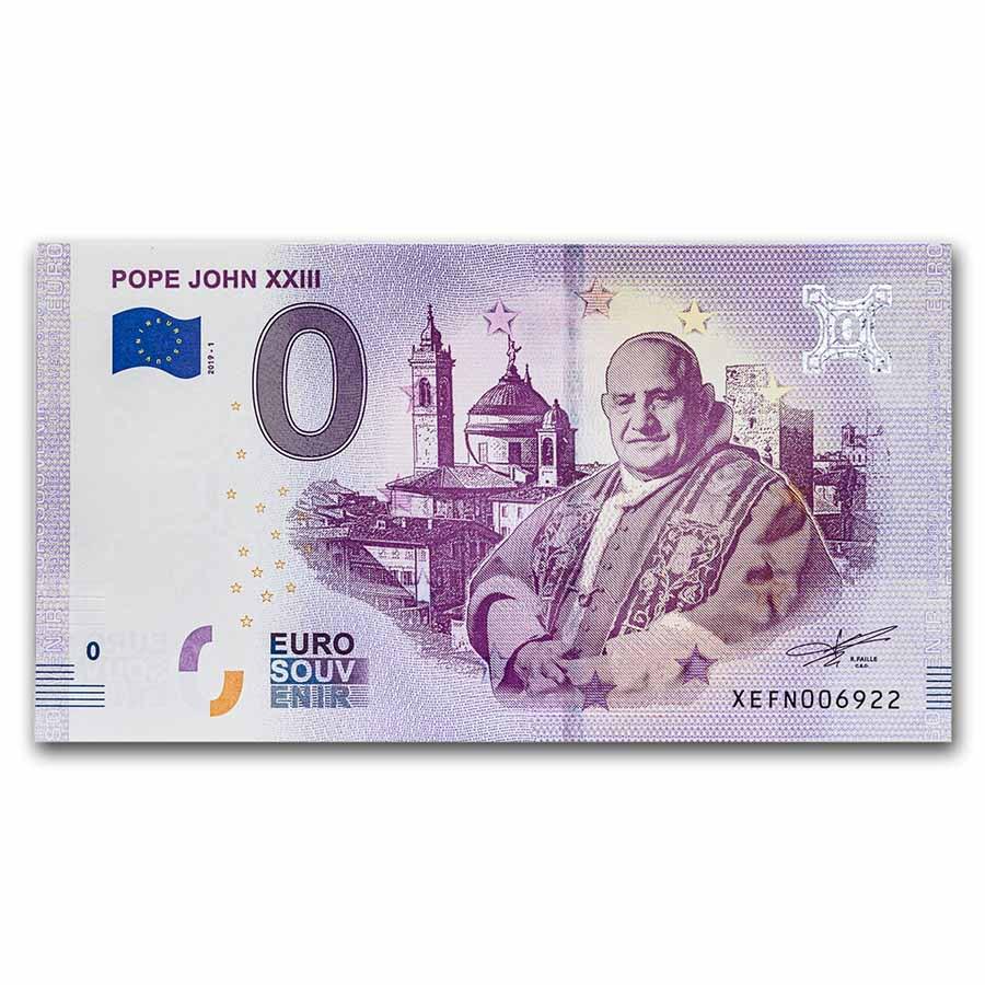 2019 Vatican City Pope John XXIII 0 Euro Souvenir Banknote Unc: 2019 Vatican City Pope John XXIII 0 Euro Souvenir Banknote Unc Product ID: 232720 Year: 2019 Grade: (U) Crisp Unc Grade Service: None Denomination: 0 Euro Mint Mark: Not Shown Metal Conte