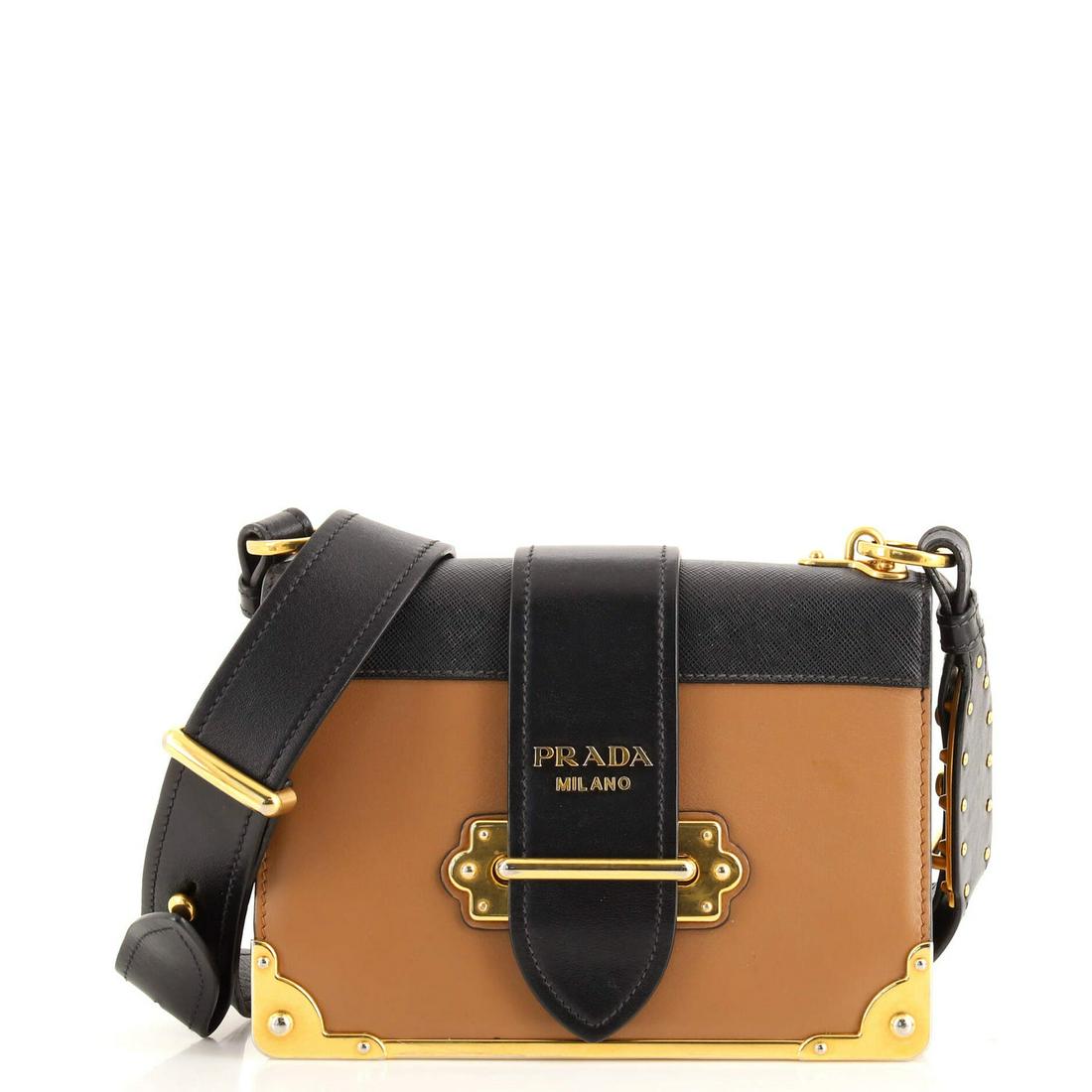 Prada Cahier Crossbody Bag City Calf and Saffiano Small: Prada Cahier Crossbody Bag City Calf and Saffiano Small Exterior Color: Brown Interior Color: Black Exterior Material: Leather Interior Material: Leather Hardware Color: Gold Accessories: Dust bag