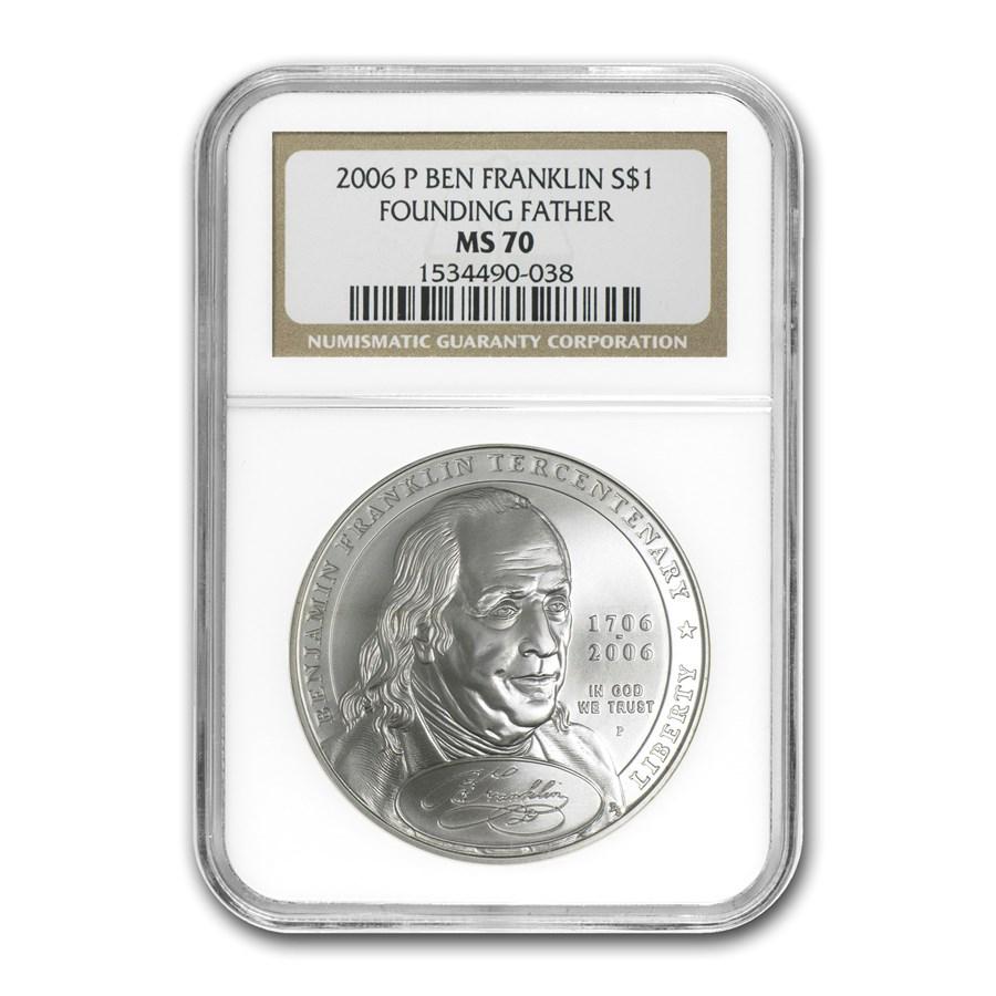 2006-P Ben Franklin Founding Father $1 Silver Commem MS-70 NGC: 2006-P Ben Franklin Founding Father $1 Silver Commem MS-70 NGC Product ID: 20112 Year: 2006 Grade Service: NGC Denomination: $1.00 Dollar Metal Content: 0.7734 troy oz Purity: .900 Thickn