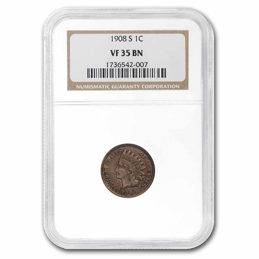 1908-S Indian Head Cent VF-35 NGC: 1908-S Indian Head Cent VF-35 NGC Product ID: 205458 Year: 1908 Grade Service: NGC Denomination: $0.01 Metal Content: 0 troy oz Purity: None Thickness: 1.5 mm Diameter: 19 mm