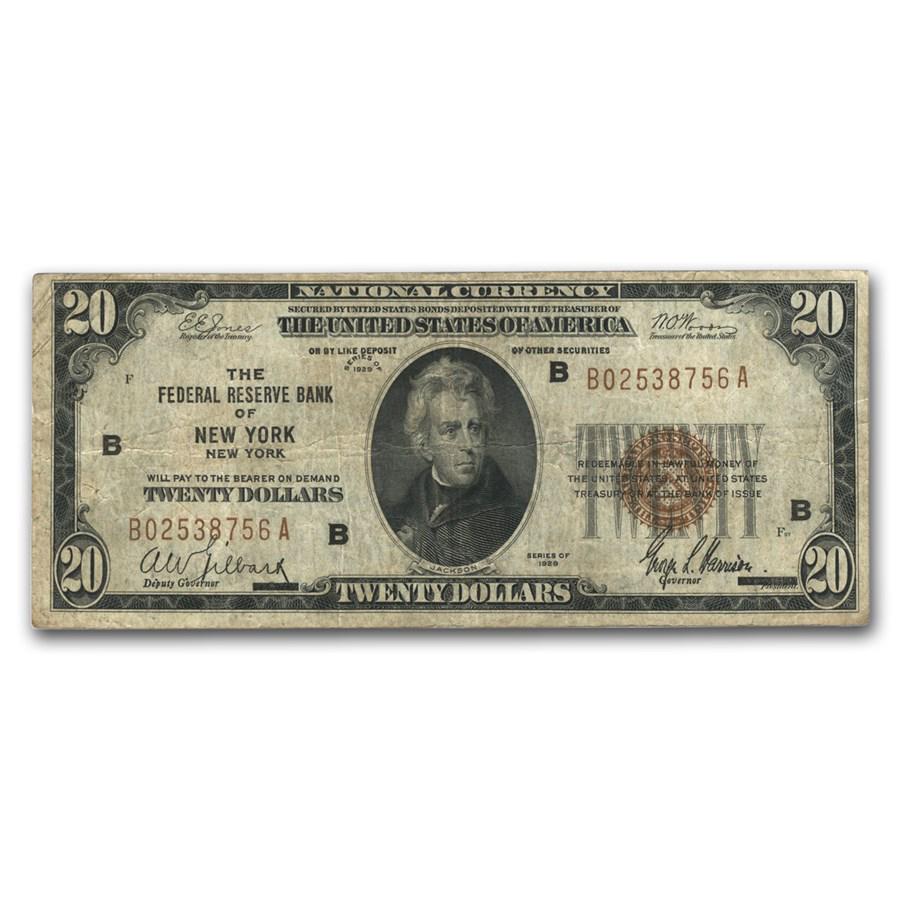 1929 (B-New York) $20 Brown Seal FRBN Fine (Fr#1870-B): 1929 (B-New York) $20 Brown Seal FRBN Fine (Fr#1870-B) Product ID: 22998 Year: 1929 Grade: Fine Grade Service: None Denomination: $20 Mint Mark: B - New York Metal Content: 0 troy oz